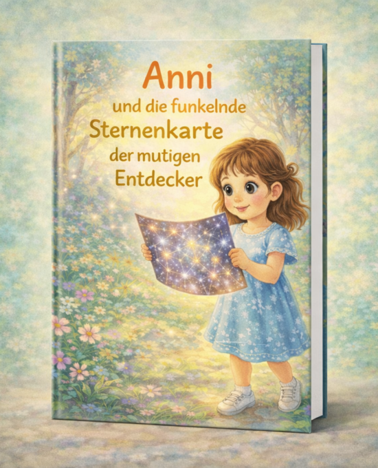 Buchcover: Anni im blauen Kleid hält eine leuchtende Sternenkarte im Blumenwald; Titel "Anni und die funkelnde Sternenkarte".