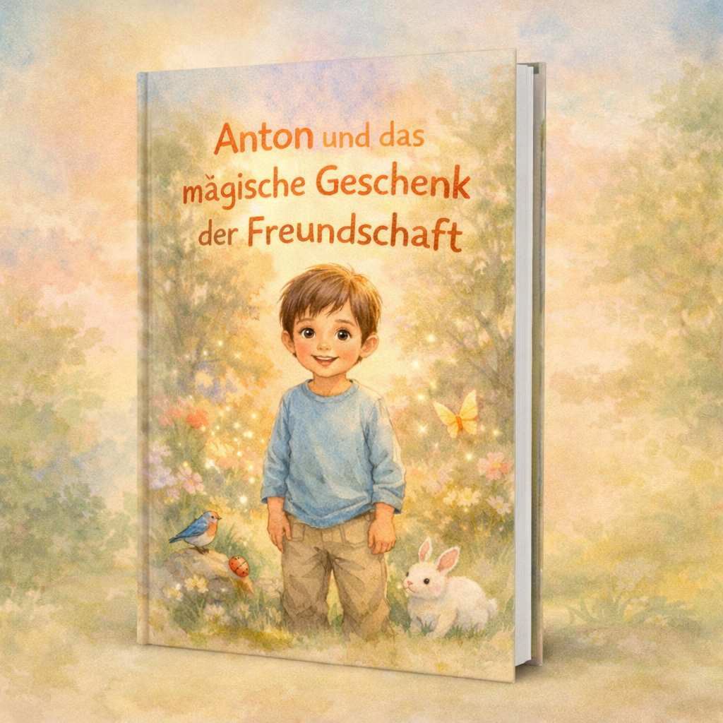 Buchcover mit lächelndem Jungen in warmem Aquarell-Wald, Hase, Vogel, Schmetterling und Titel 'Anton und das magische Geschenk'.