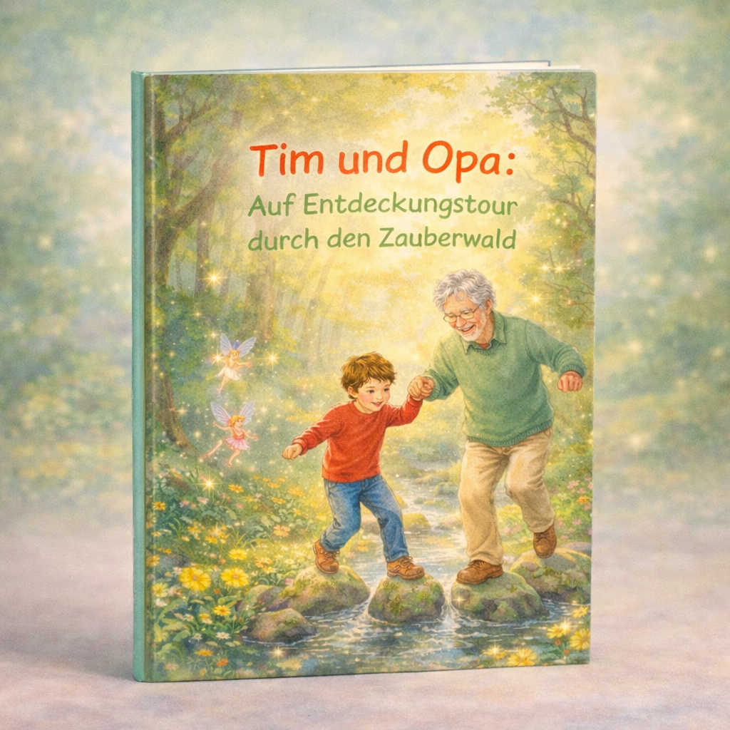 Cover des Kinderbuchs Tim und Opa zeigt Jungen und Opa Händchen haltend auf Flusssteinen, umgeben von Wald und Feen.
