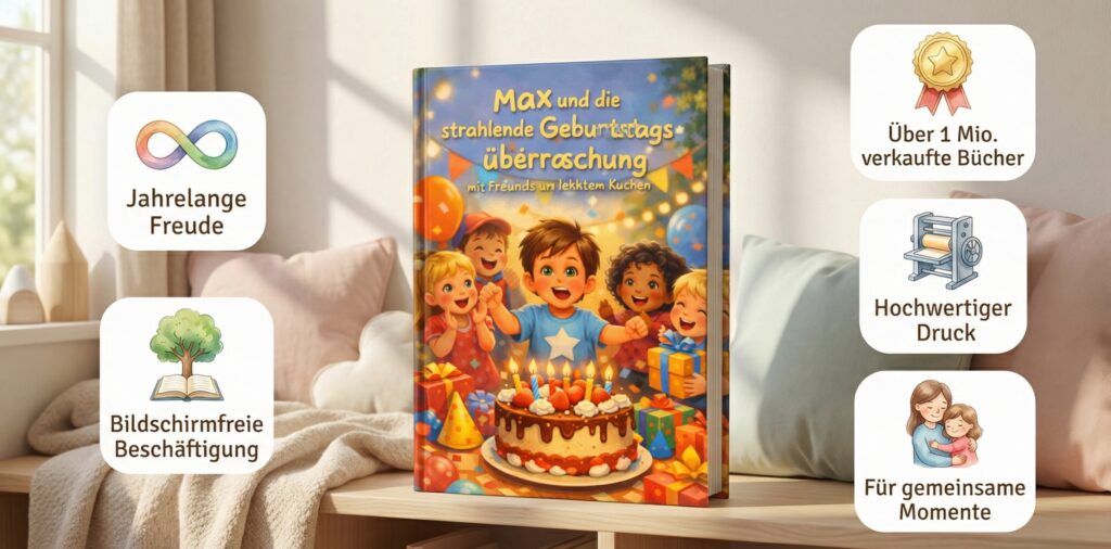Kinderbuch mit fröhlicher Geburtstags-Illustration (Kinder, Kuchen, Luftballons) auf Regal in gemütlichem Zimmer.