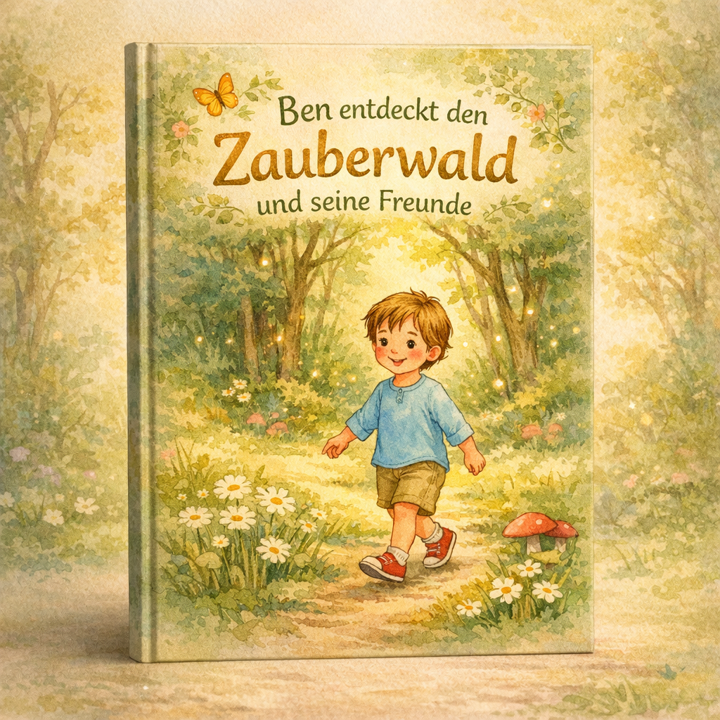 Buchcover mit Titel Ben entdeckt den Zauberwald, zeigt einen Jungen auf sonnigem Waldweg mit Blumen und Pilzen.