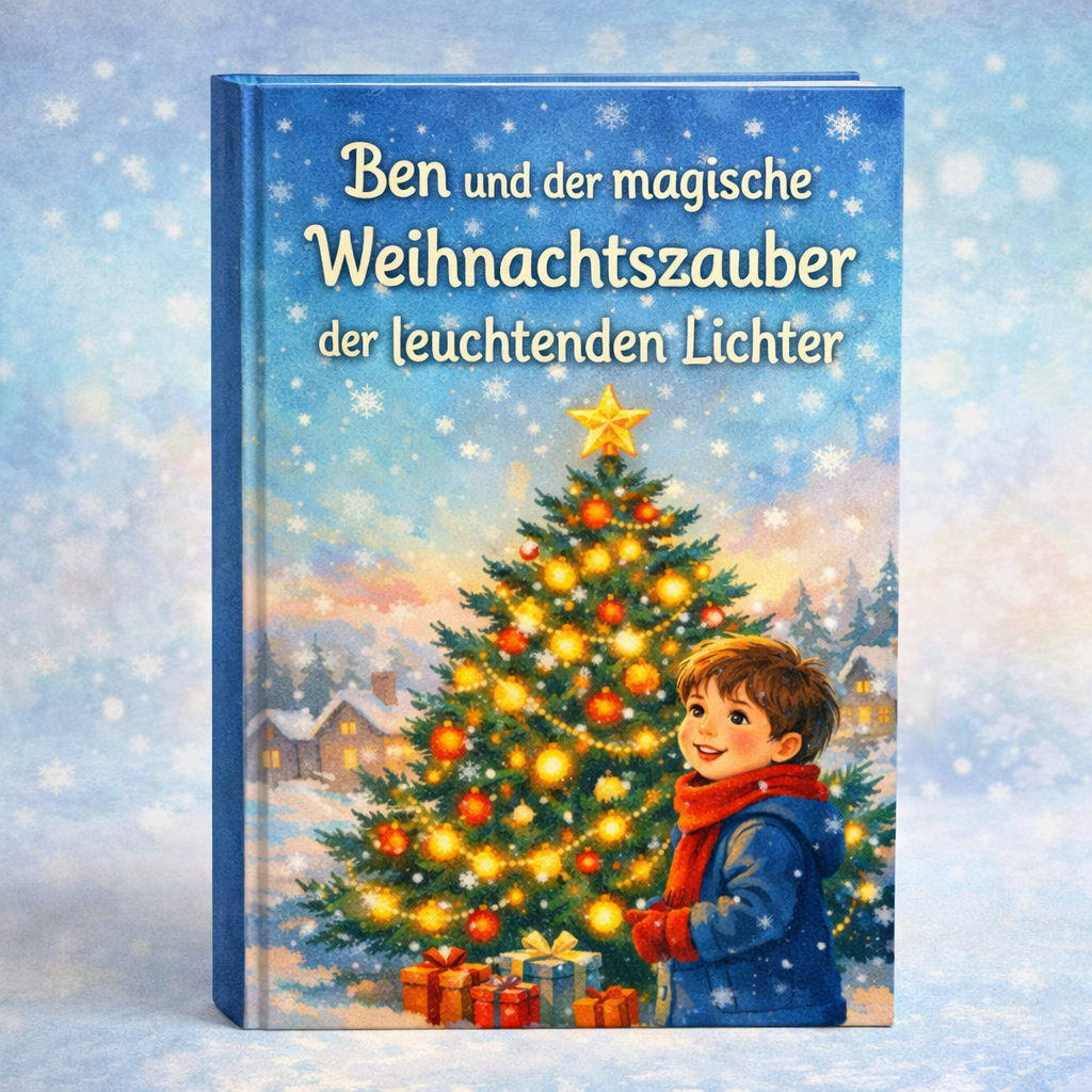 Kinderbuchcover: Junge vor beleuchtetem Weihnachtsbaum und Geschenken; sichtbarer Titel: Ben und der magische Weihnachtszauber.