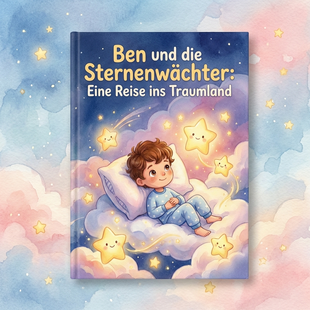 Junge im Schlafanzug liegt auf einer Wolke, umgeben von lächelnden Sternen; Titel: Ben und die Sternenwächter – Eine Reise ins Traumland.