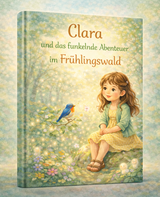 Buchcover Titel Clara und das funkelnde Abenteuer im Frühlingswald; Mädchen sitzt im blühenden Wald neben blauem Vogel.