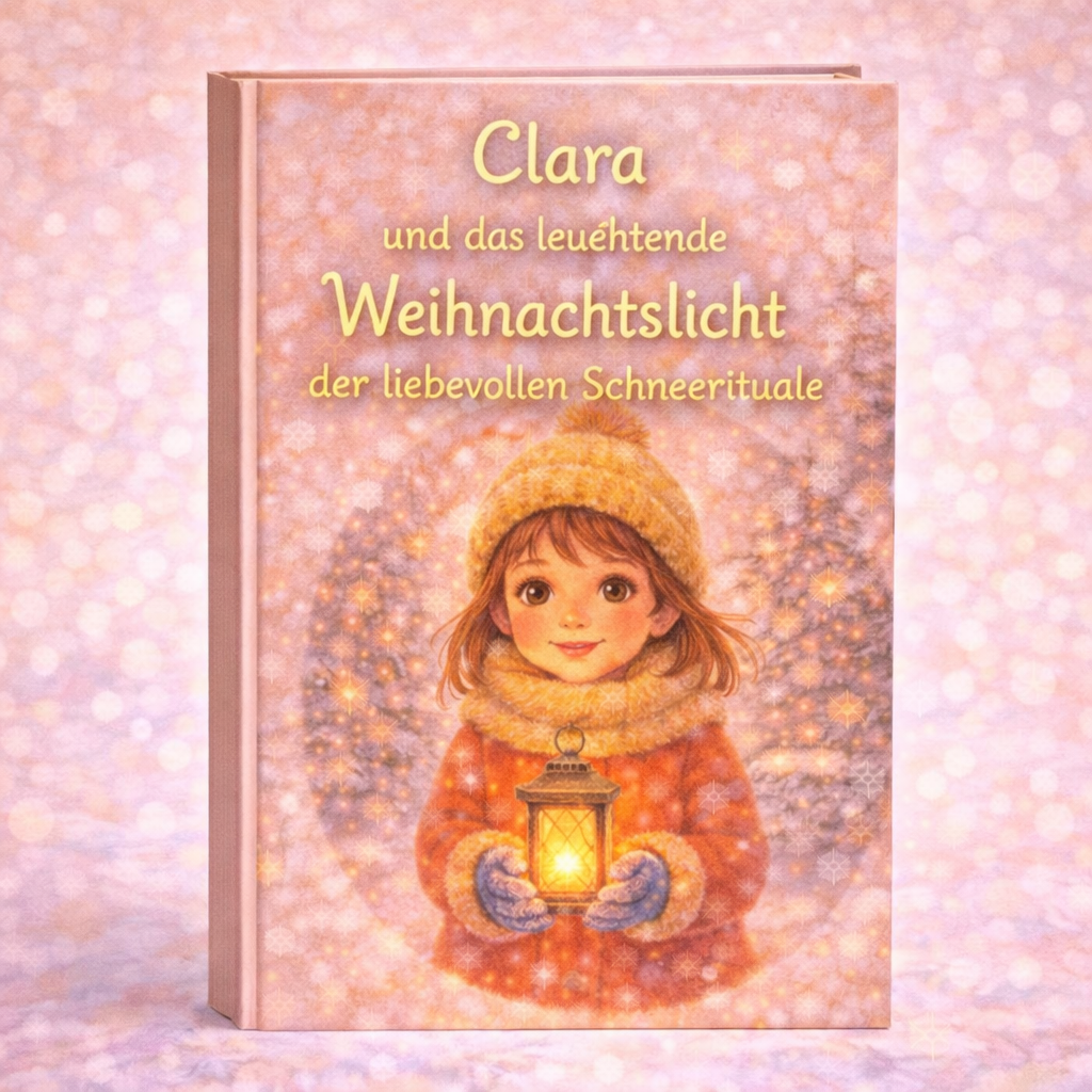 Cover eines Kinderbuchs: Mädchen in gelber Mütze und warmem Mantel hält eine leuchtende Laterne; Titel: Clara und das leuchtende Weihnachtslicht