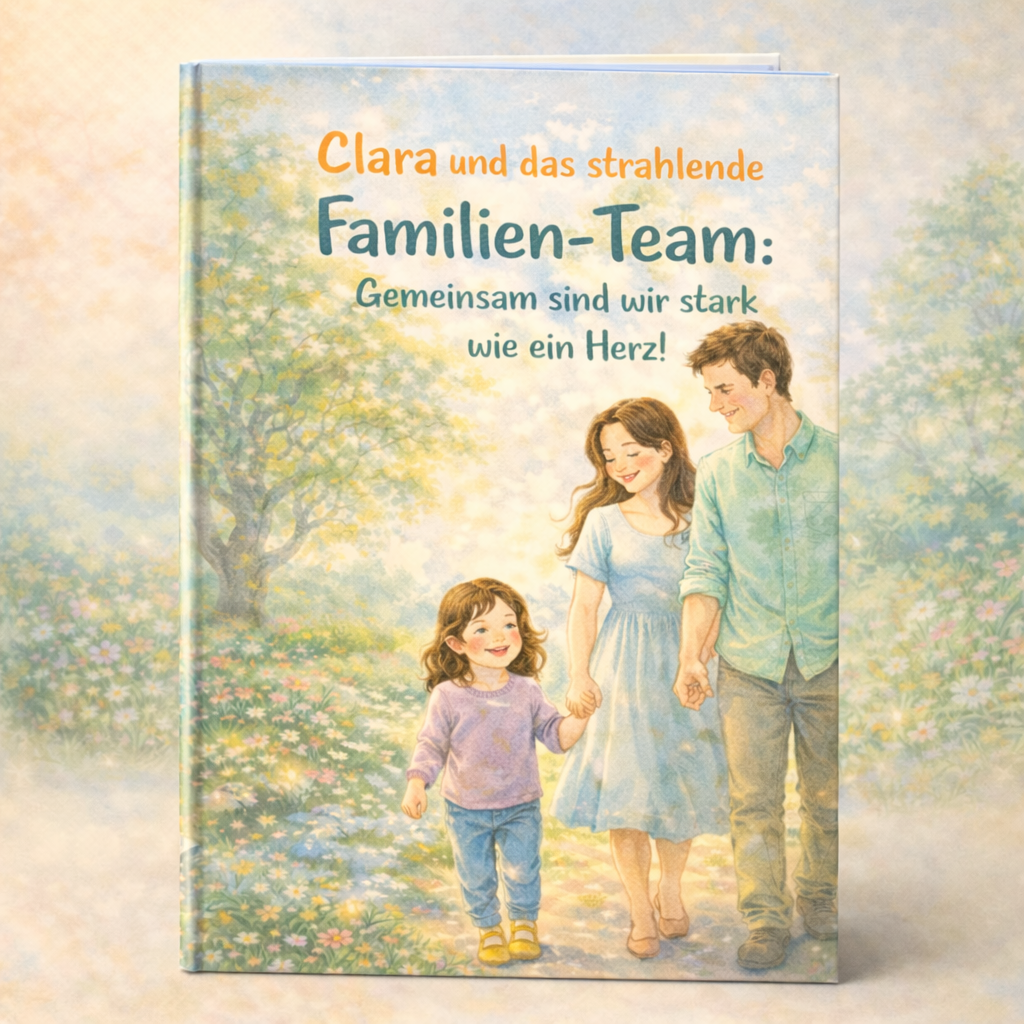 Buchcover Clara und das strahlende Familien‑Team; Aquarell: Eltern und Kind Hand in Hand auf blühendem Pfad.