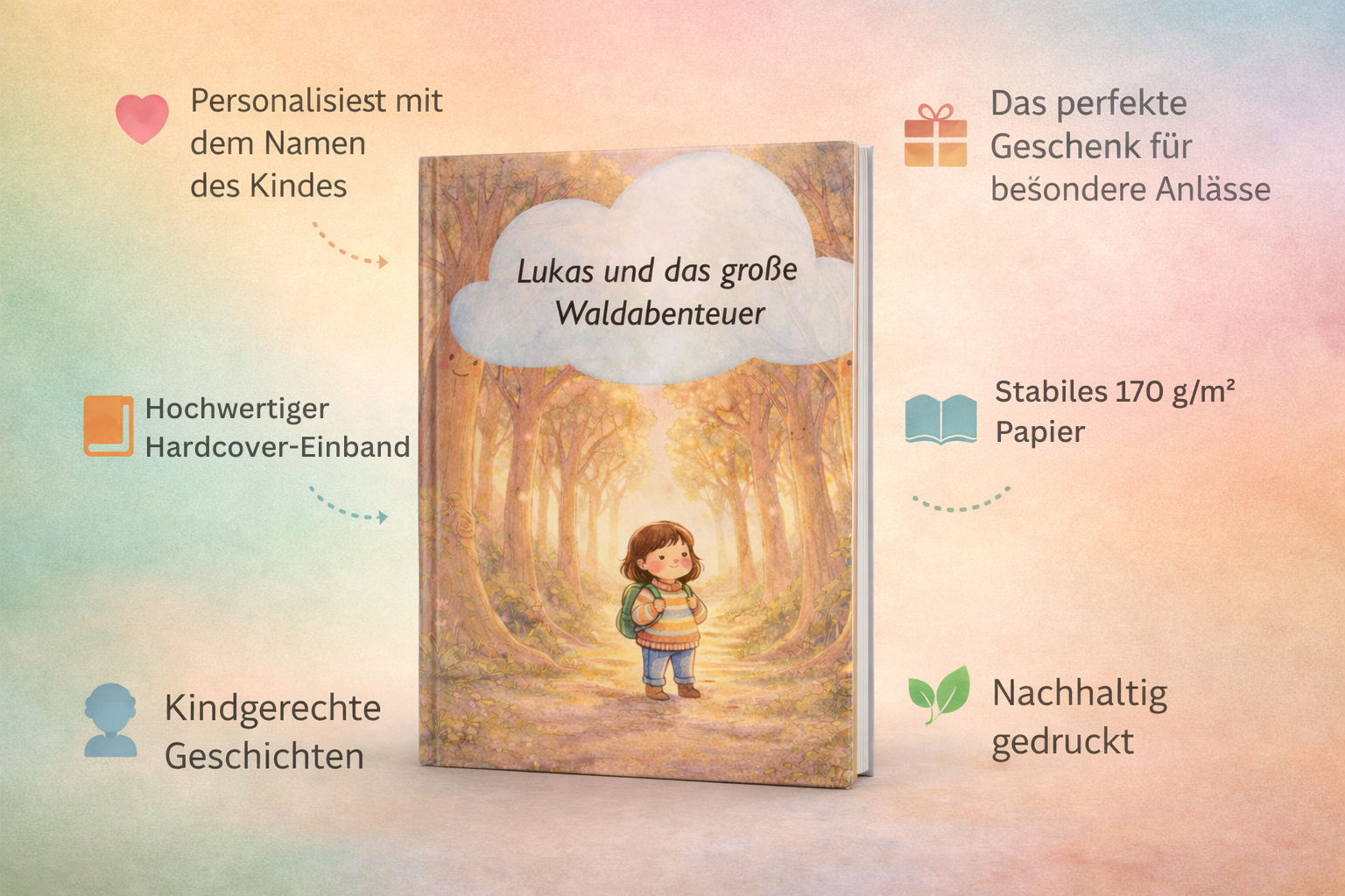 Kinderbuch Lukas und das große Waldabenteuer, Hardcover mit Waldmotiv; personalisierbar, stabiles Papier, nachhaltig