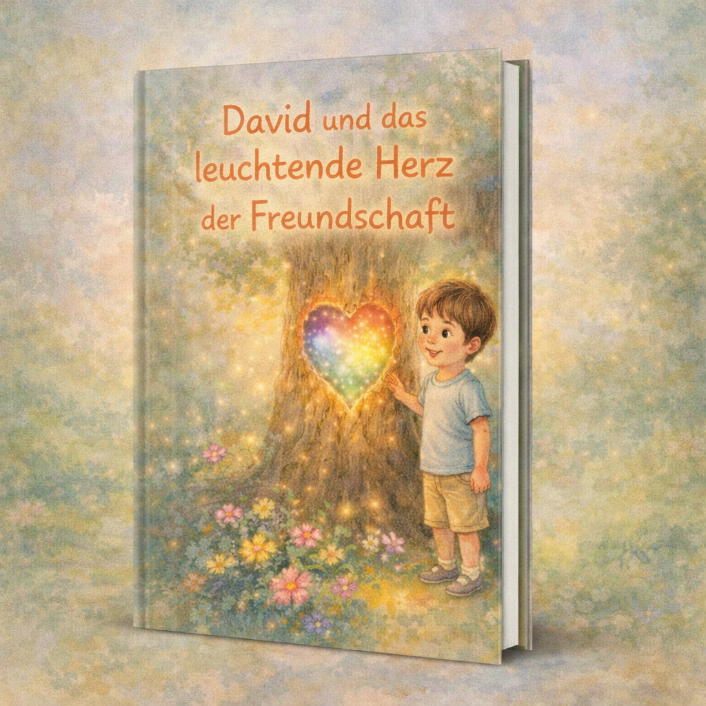 Junge berührt auf einem Kinderbuchcover ein leuchtendes, regenbogenfarbenes Herz in einer Baumrinde; Blumen am Fuß des Baums.