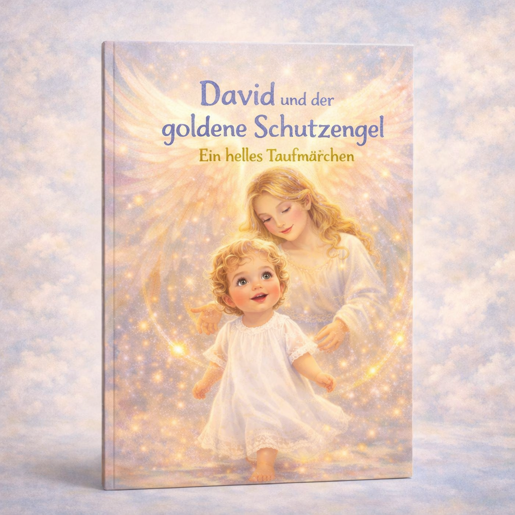 Kinderbuchcover David und der goldene Schutzengel mit goldenem Engel, der lächelnd ein Kind im weißen Kleid beschützt.