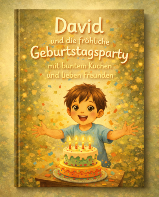 David und die fröhliche Geburtstagsparty mit buntem Kuchen und lieben Freunden