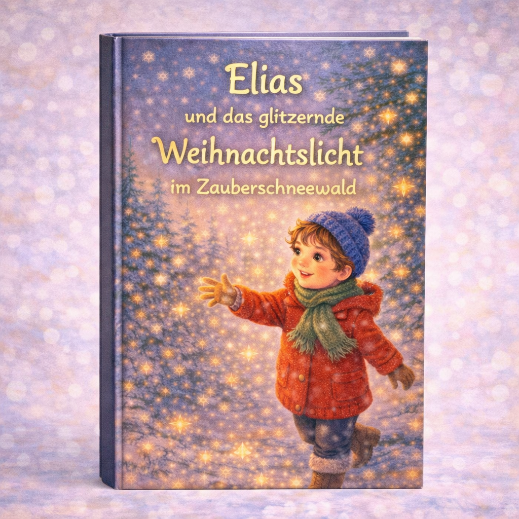 Buchcover: Junge in rotem Mantel und blauer Mütze greift nach funkelnden Lichtern im Schneewald; Titel: Elias