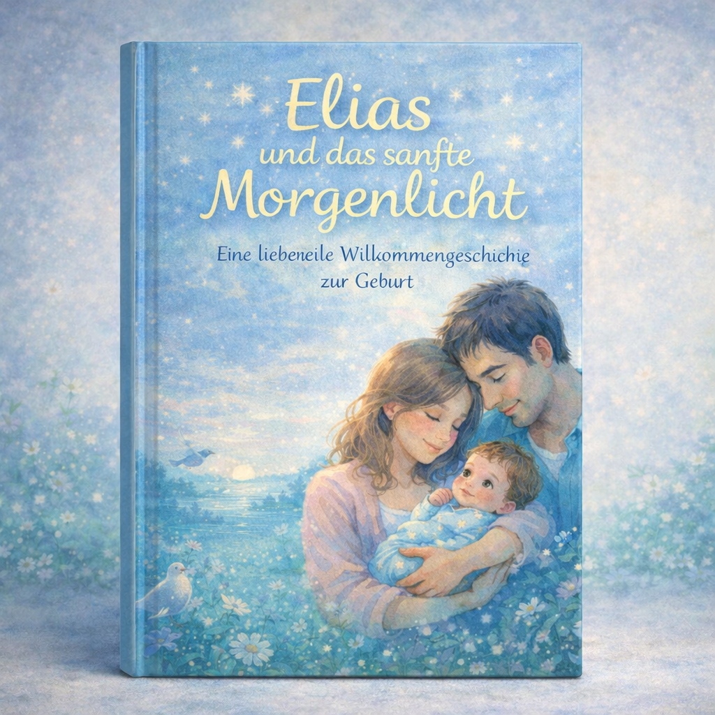 Buchcover mit Eltern, die ihr Neugeborenes halten; Titel Elias und das sanfte Morgenlicht vor pastelliger Landschaft.