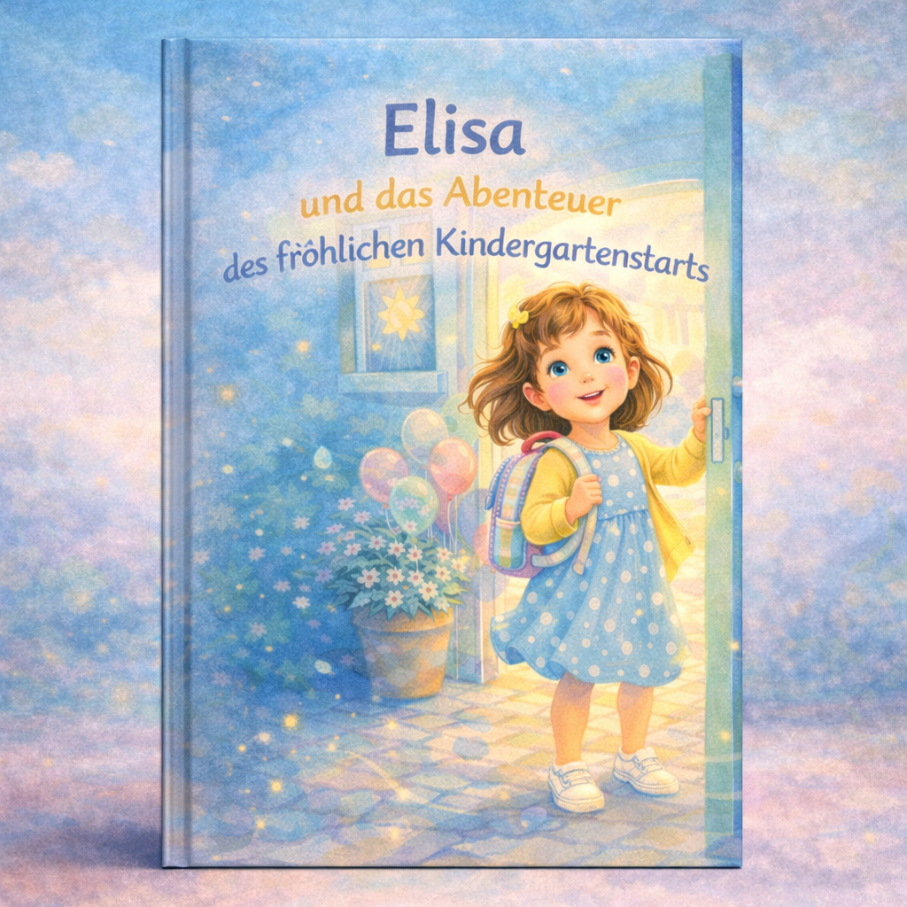 Buchcover: Elisa — fröhliches Mädchen mit Rucksack in gepunktetem Kleid öffnet Tür, Ballons und Blumen im Eingang.