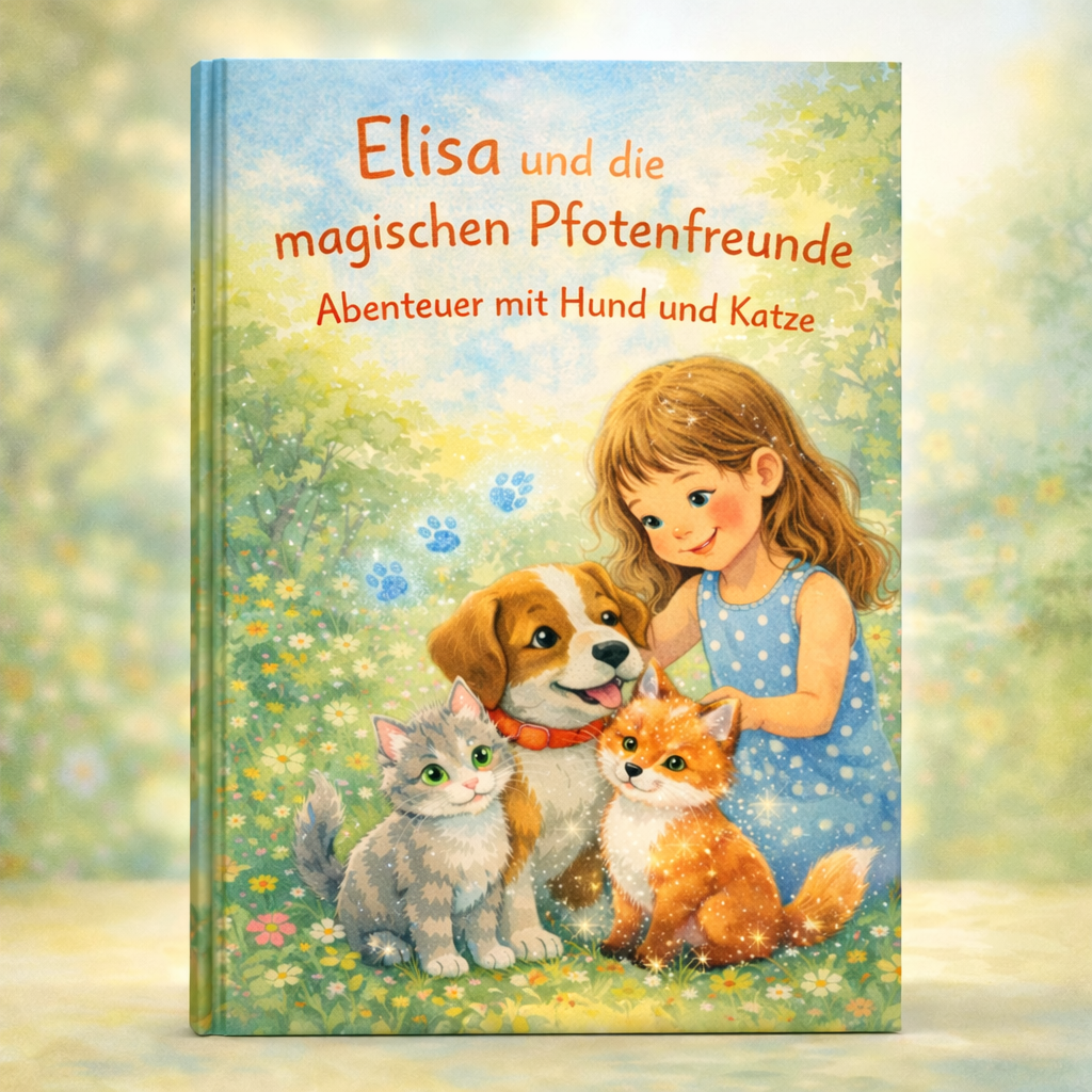 Kinderbuchcover: Mädchen in blauem Kleid streichelt Hund, Katze und Fuchs; Titel Elisa und die magischen Pfotenfreunde