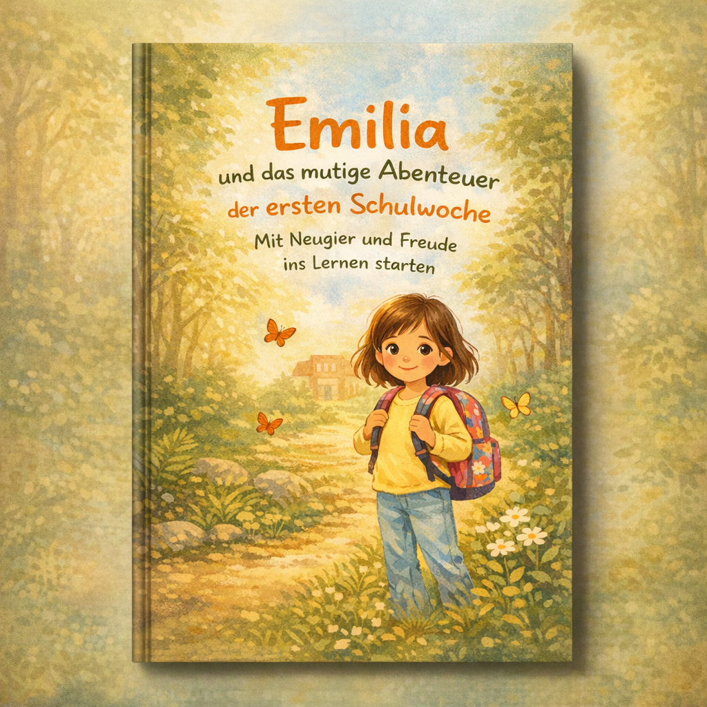 Buchcover zeigt ein Mädchen mit Rucksack auf Waldweg, Schmetterlinge und Titel Emilia und das Abenteuer der ersten Schulwoche
