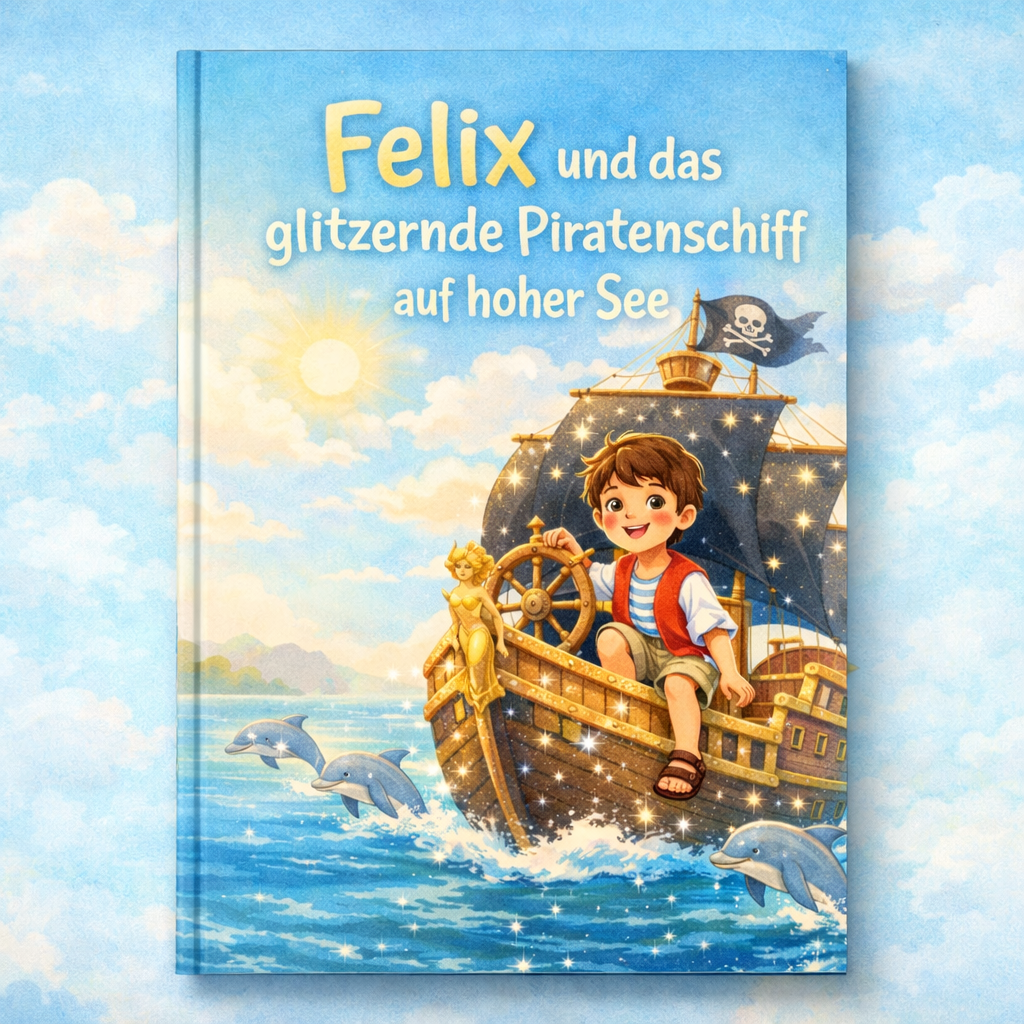 Buchcover: Felix steuert ein glitzerndes Piratenschiff; Delfine, Sonnenschein und Totenkopfflagge.