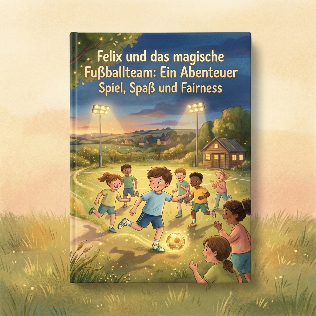 Buchcover: Kinder spielen abends auf einem Feld um einen leuchtenden Fußball; Titel: Felix und das magische Fußballteam