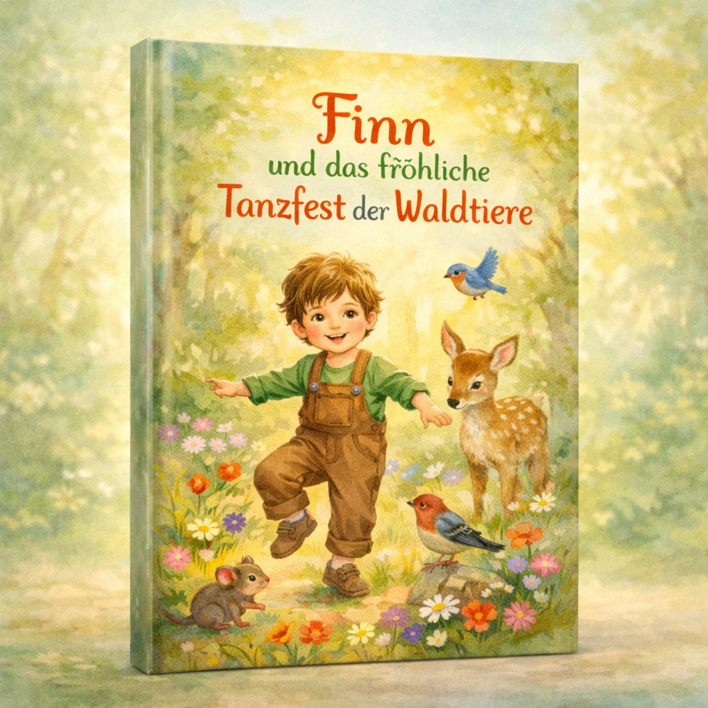 Kinderbuchcover mit dem Titel Finn und das fröhliche Tanzfest zeigt einen Jungen in Latzhose, der in einer Blumenwiese mit Rehkitz, Vögeln und einer Maus tanzt.