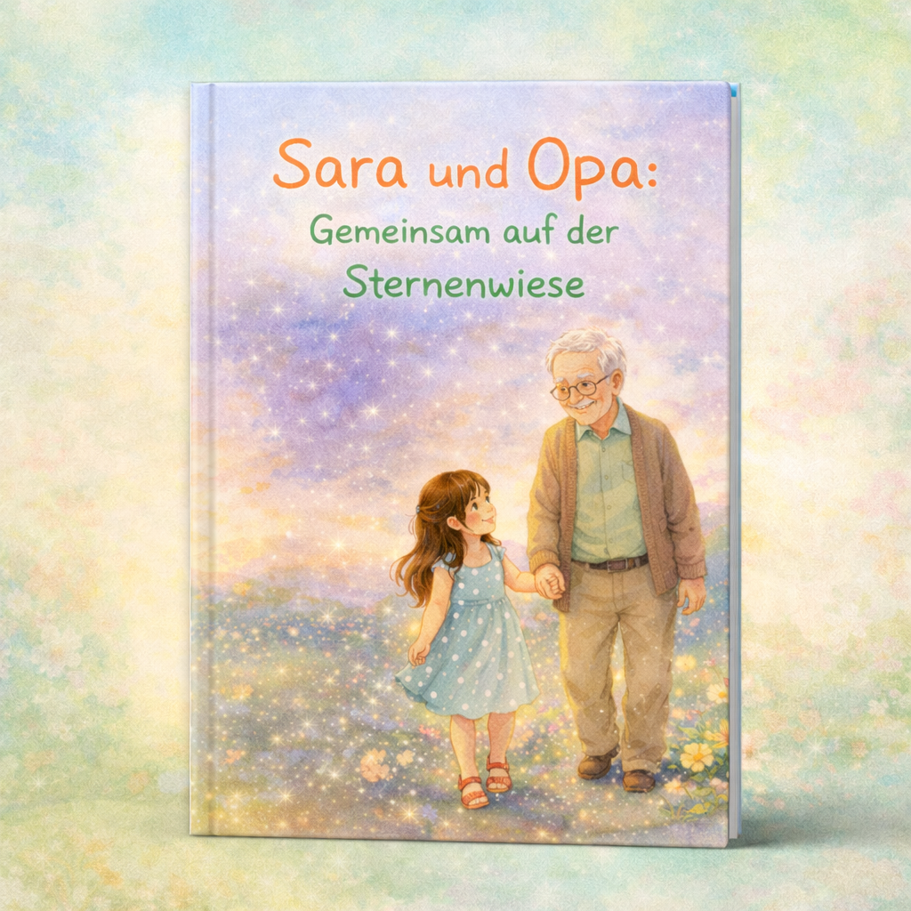 Buchcover Sara und Opa zeigt ein Mädchen im blauen Kleid und ihren Großvater Hand in Hand auf einer funkelnden Wiese.