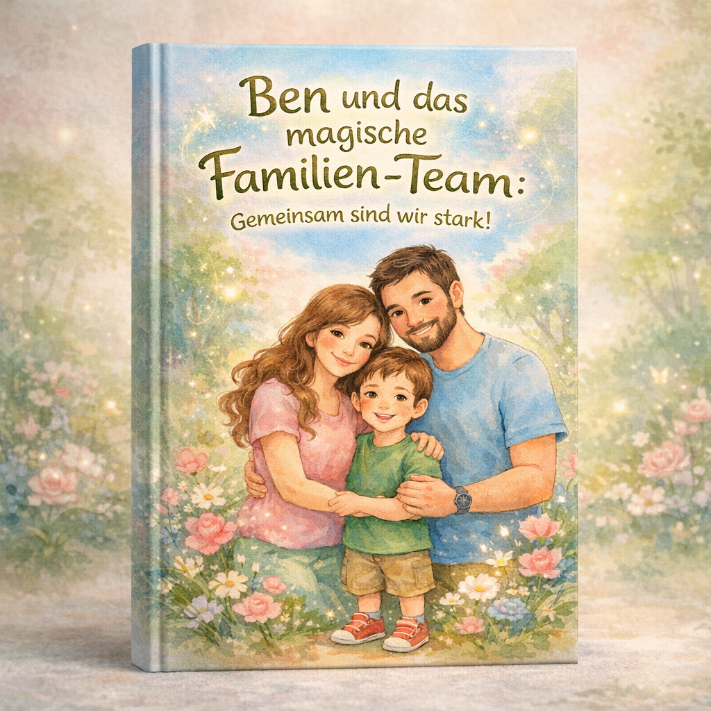 Kinderbuchcover Ben und das magische Familien-Team zeigt lächelnde Eltern und Sohn in Blumenwiese.