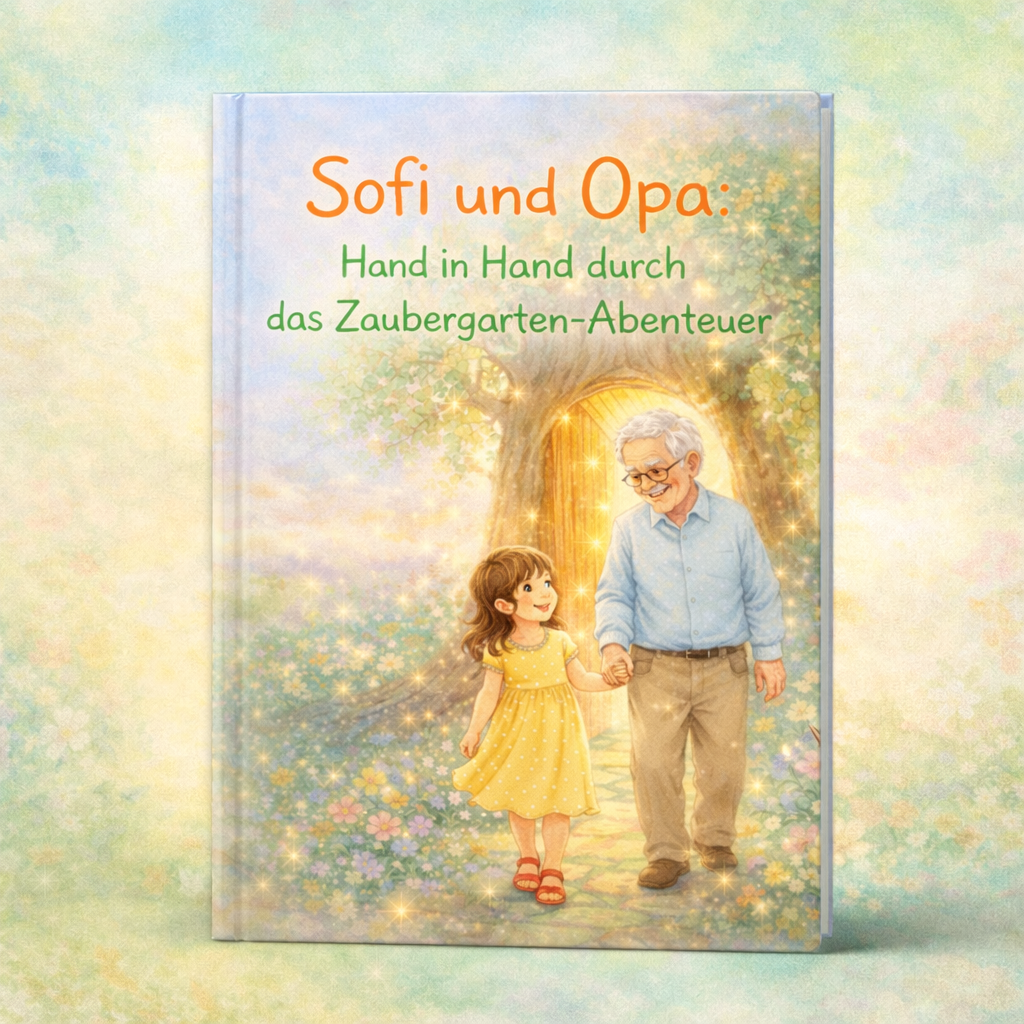 Mädchen und Großvater gehen Hand in Hand durch einen funkelnden Zaubergarten vor einer Baumtür, Titel Sofi und Opa.