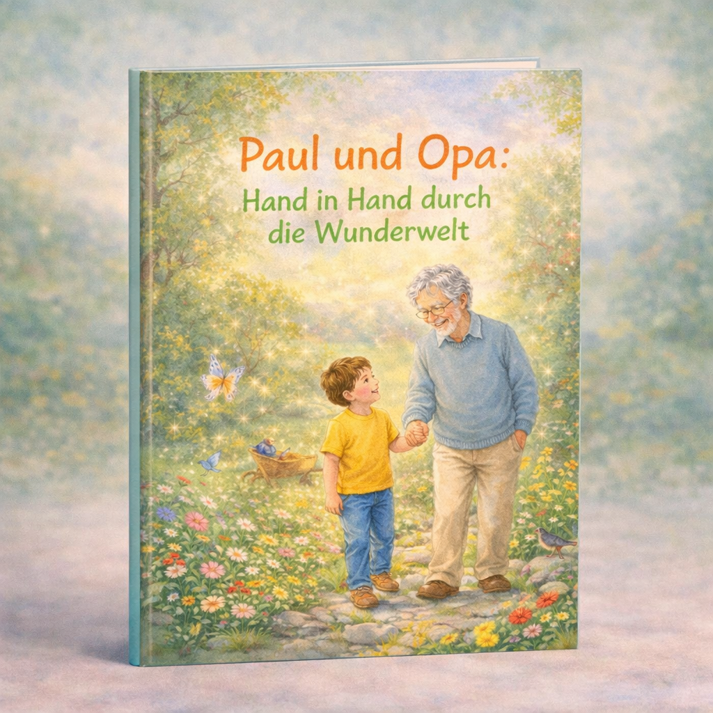 Buchcover mit Opa und Enkel, die Hand in Hand über eine blumenreiche Wiese spazieren; Titel: Paul und Opa.
