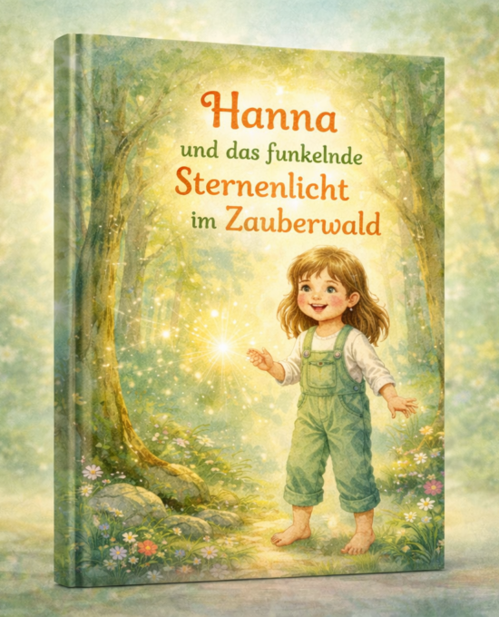 Mädchen in grünen Latzhosen hält einen leuchtenden Stern im Zauberwald; Titel: Hanna und das funkelnde Sternenlicht