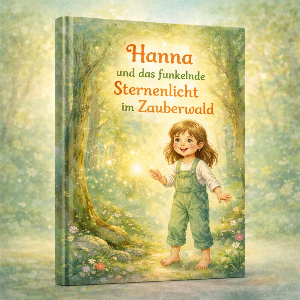 Mädchen in grünen Latzhosen hält einen leuchtenden Stern im Zauberwald; Titel: Hanna und das funkelnde Sternenlicht