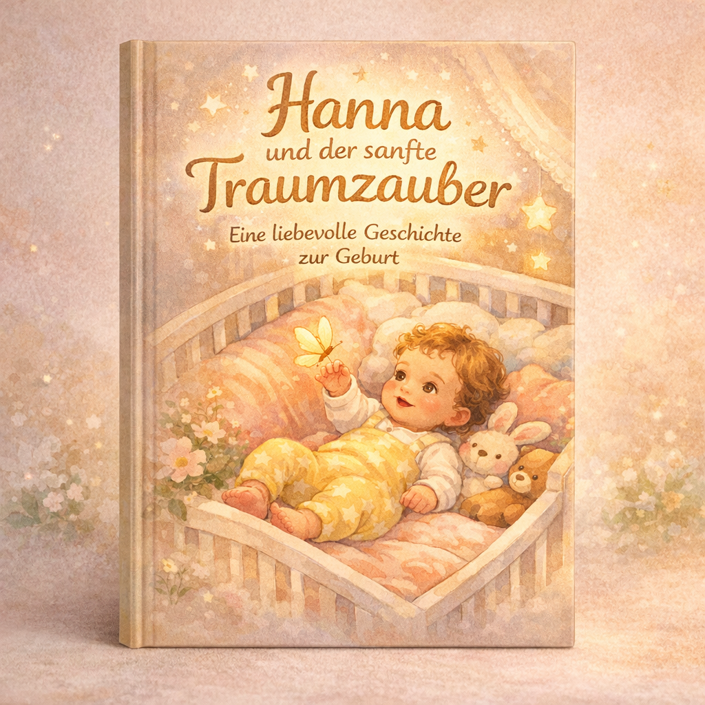 Buchcover 'Hanna und der sanfte Traumzauber' zeigt Baby in Wiege mit Schmetterling und Kuscheltieren in warmen Pastelltönen.