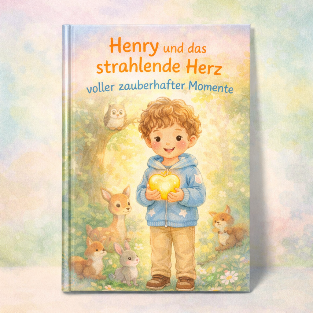 Kinderbuchcover mit lächelndem Jungen, der ein leuchtendes Herz hält, umgeben von Waldtieren; Titel Henry und das strahlende Herz