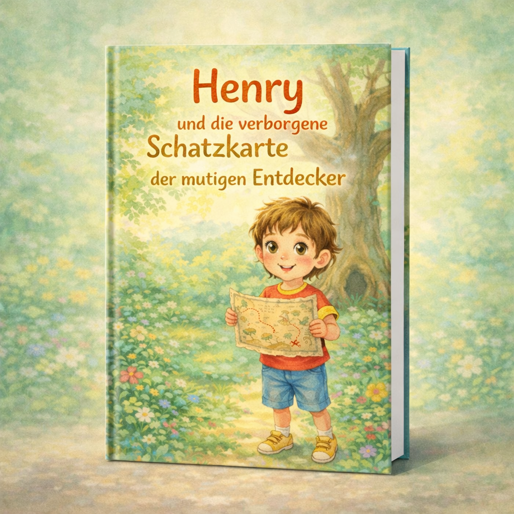 Kinderbuchcover mit dem Titel Henry und die verborgene Schatzkarte; ein fröhlicher Junge steht im blühenden Wald und hält eine Schatzkarte.