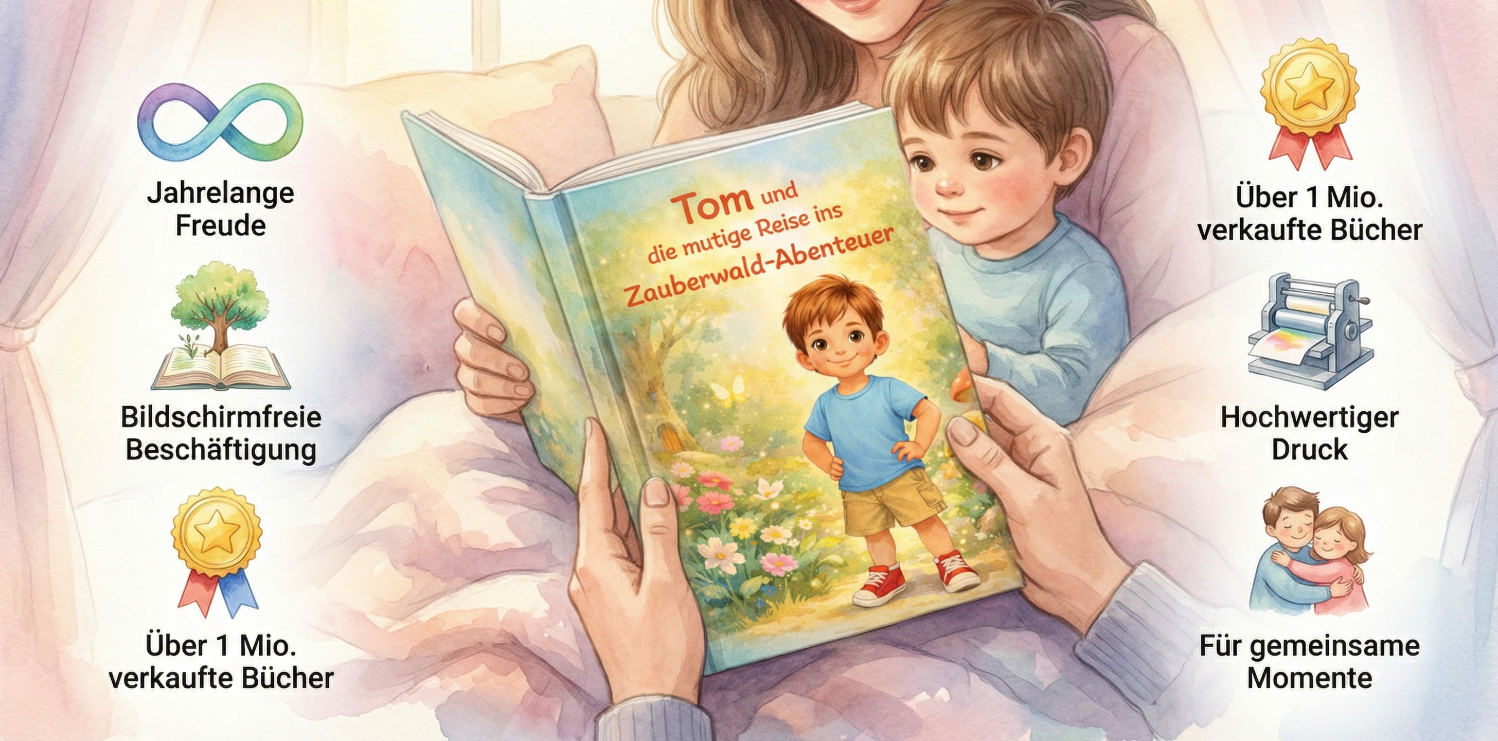 Elternteil liest mit Kind das personalisierte Kinderbuch Tom und die mutige Reise ins Zauberwald-Abenteuer im Bett.
