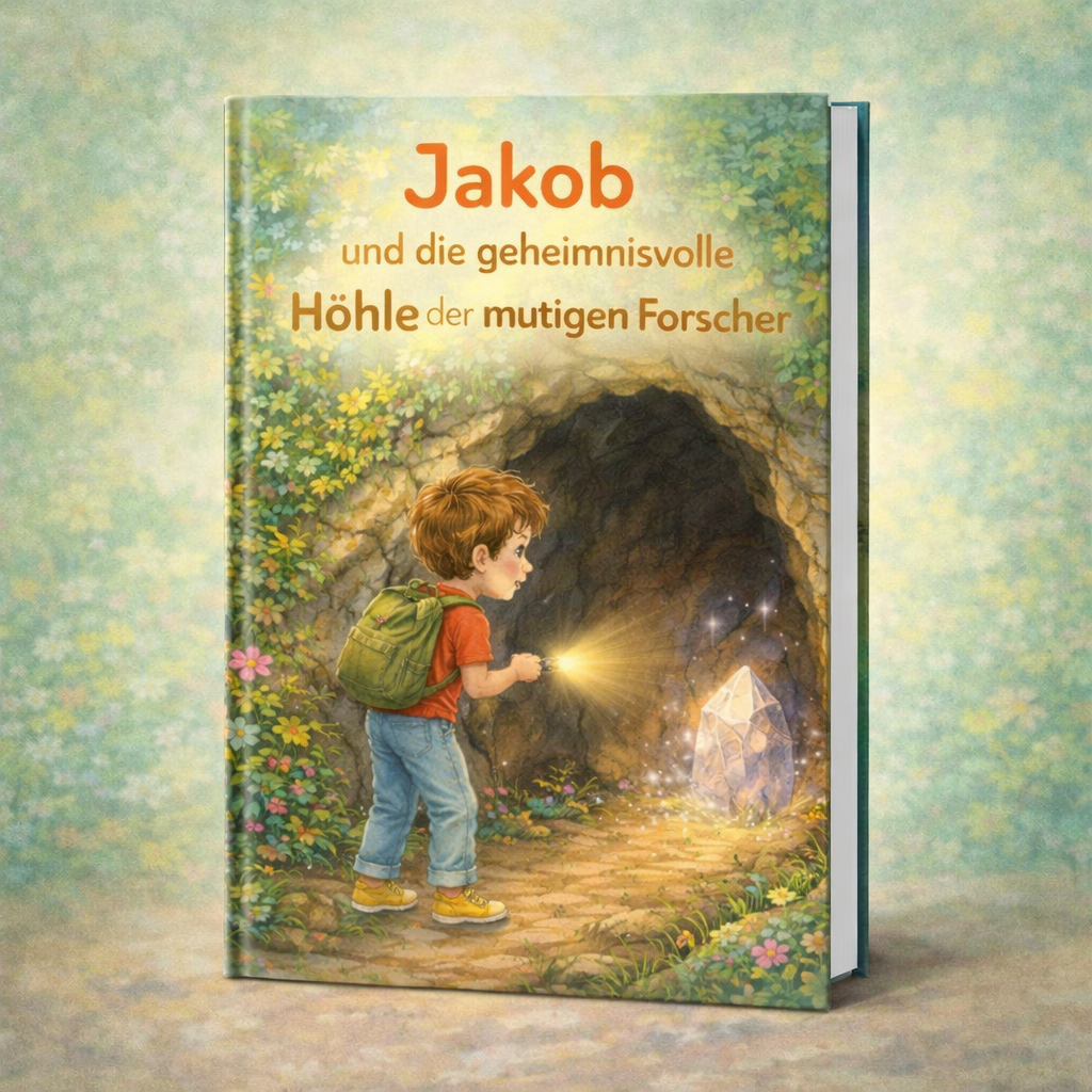 Buchcover: Junge mit Rucksack leuchtet in eine Höhle auf einen leuchtenden Kristall; Titel Jakob und die geheimnisvolle Höhle.