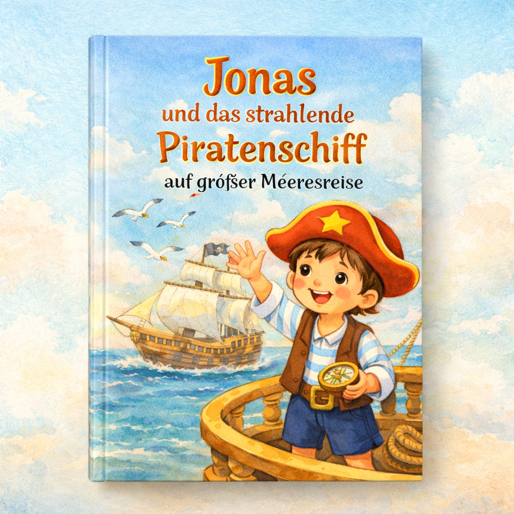 Kind mit Piratenhut und Kompass auf Schiffsbug, im Hintergrund Segelschiff und Möwen; Titel: Jonas und das Piratenschiff