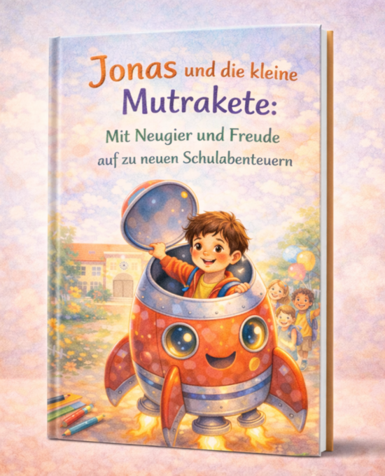 Cover des Buchs Jonas und die kleine Mutrakete: Junge in bunter Rakete vor Schule mit Ballons und Stiften.