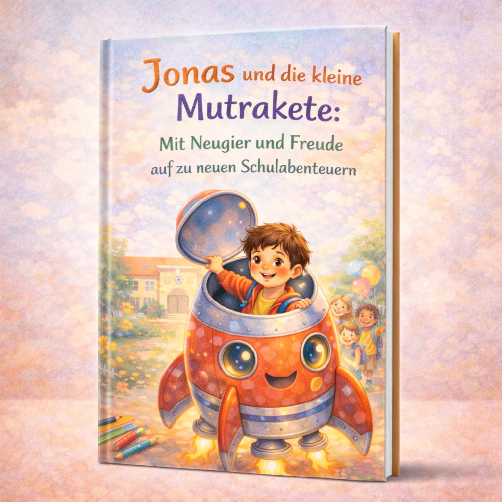 Cover des Buchs Jonas und die kleine Mutrakete: Junge in bunter Rakete vor Schule mit Ballons und Stiften.