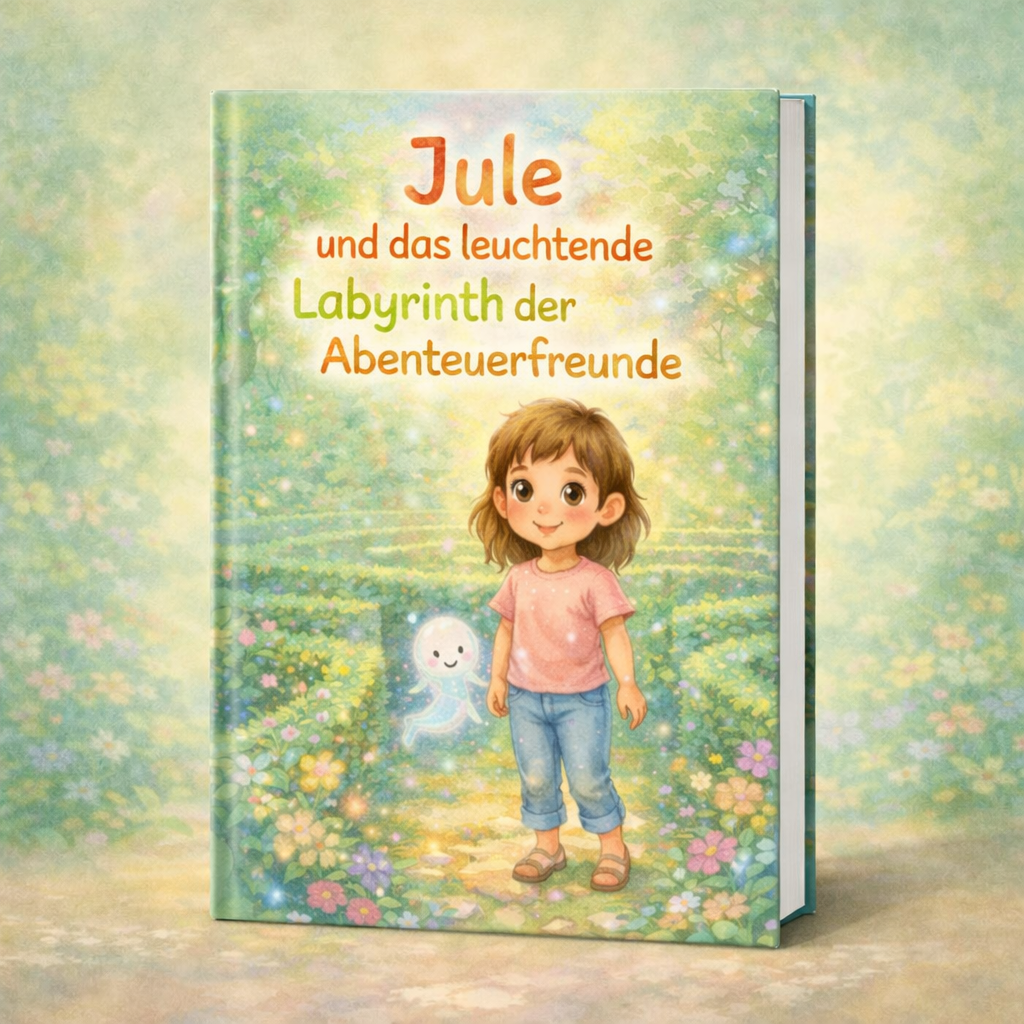 Buchcover: Mädchen Jule steht in einem blühenden Labyrinth neben einem leuchtenden, quallenartigen Freund.