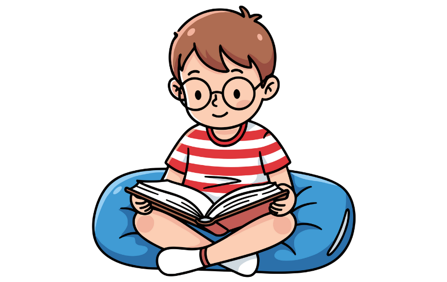 Junge mit Brille und rot-weiß gestreiftem Shirt sitzt auf blauem Sitzsack und liest ein Buch.