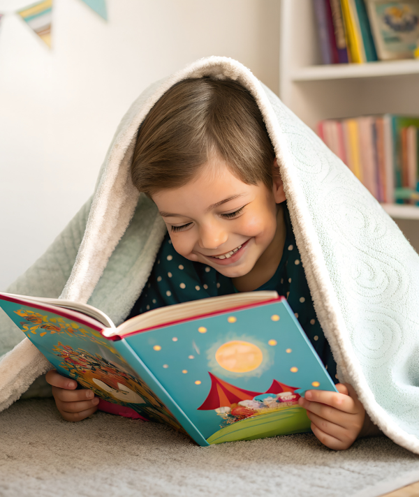 Kind liegt unter einer hellen Decke, lächelnd und vertieft in ein bunt illustriertes Kinderbuch mit Zirkuszelt.