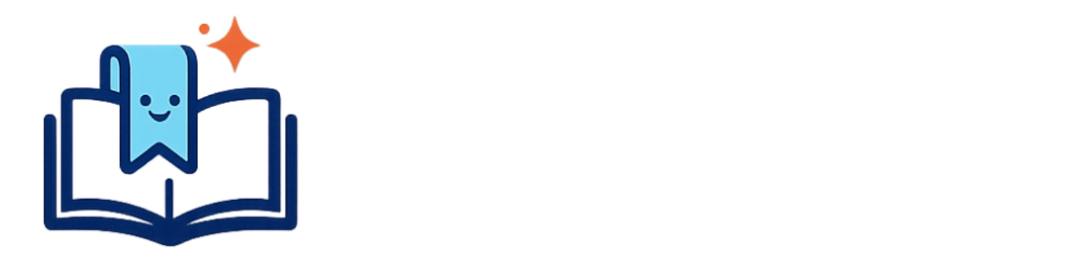 Logo eines offenen blauen Buchs mit lächelndem Lesezeichen und orangefarbenem Stern, daneben Schriftzug MeinKinderBuch.