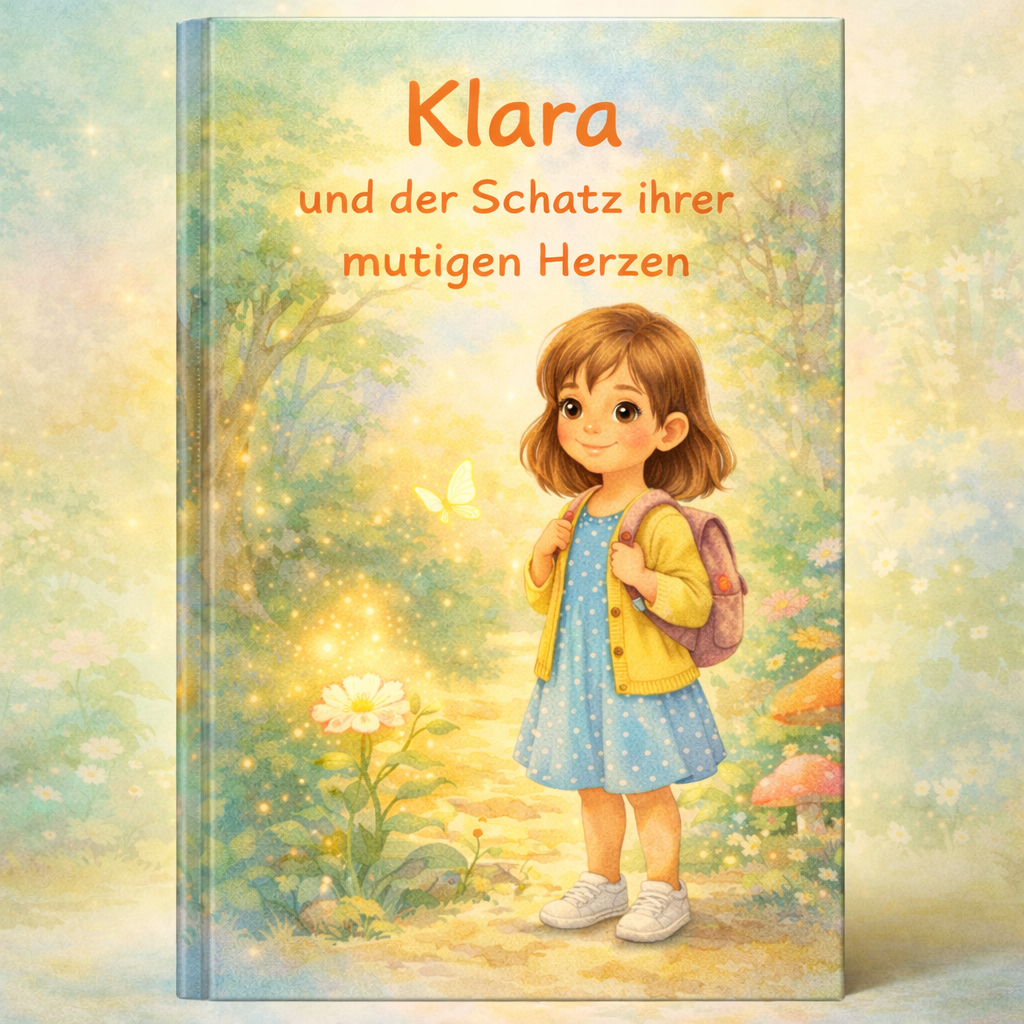 Buchcover: Klara, ein Mädchen mit Rucksack in blauem Kleid und gelber Jacke, steht auf sonnigem Waldpfad mit Schmetterling.