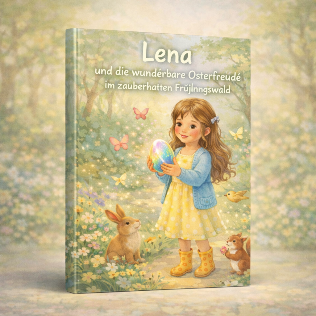 Lena in gelbem Kleid hält ein leuchtendes Osterei im zauberhaften Frühlingswald, umgeben von Hasen und Schmetterlingen.