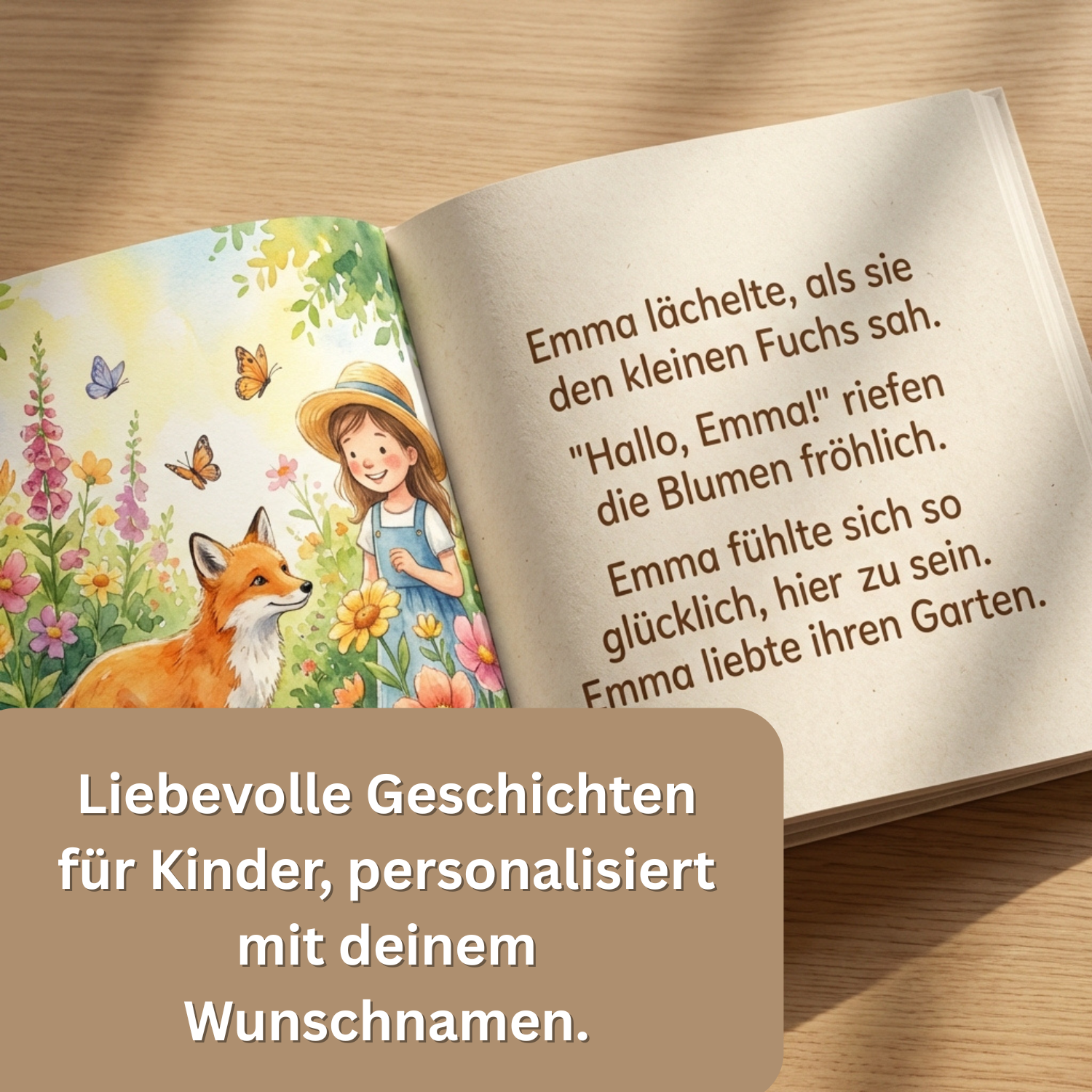 Offenes Kinderbuch mit Aquarellillustration: Mädchen im Strohhut neben einem Fuchs im Blumenbeet und personalisierbarem Text.