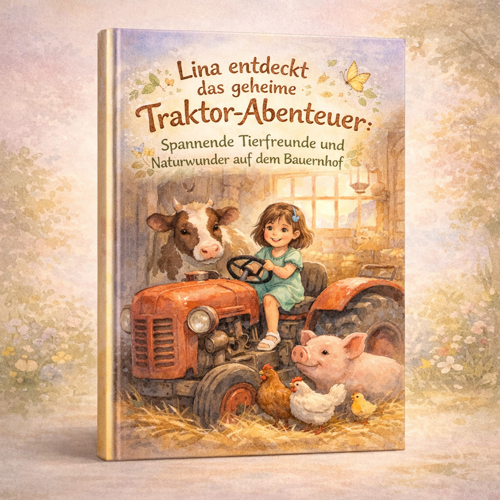 Kinderbuchcover mit Mädchen auf rotem Traktor, Kuh, Schwein und Hühnern im Stall und dem Titel Traktor-Abenteuer.