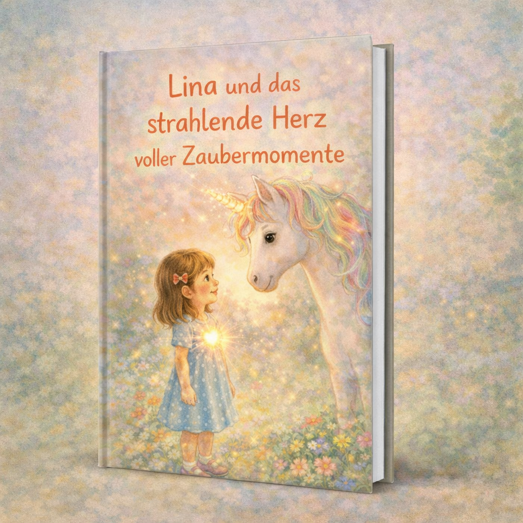 Mädchen mit leuchtendem Herz in Blumenwiese blickt ein Einhorn mit regenbogenfarbener Mähne an; Buchtitel Lina und das strahlende Herz