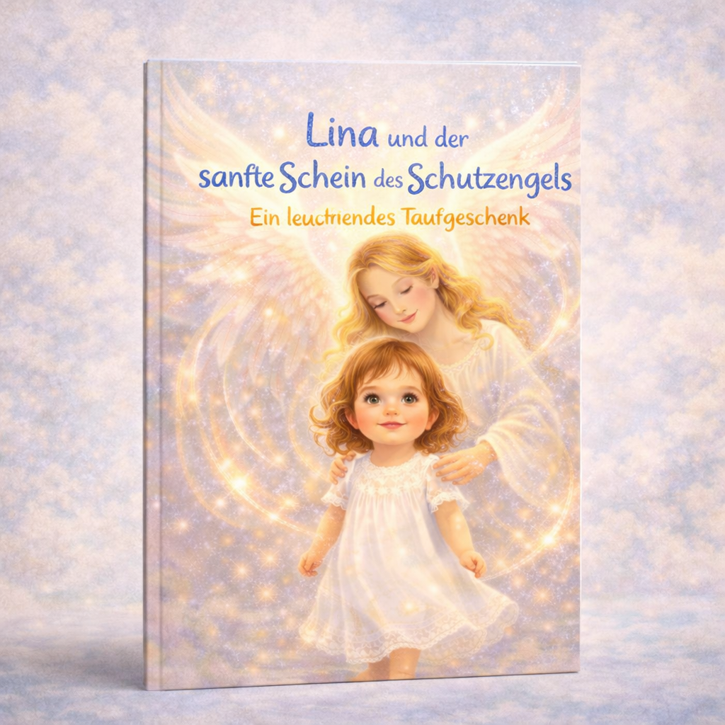 Cover zeigt leuchtenden Schutzengel, der ein kleines Mädchen umarmt; Titel: Lina und der sanfte Schein des Schutzengels.