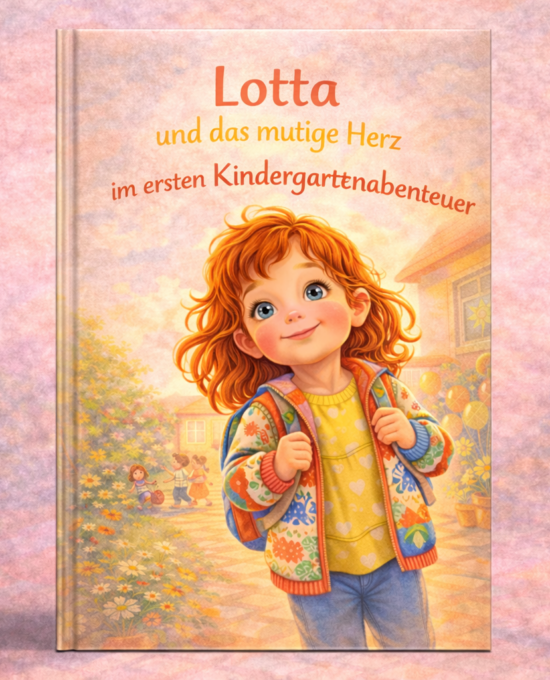 Rothaariges Mädchen mit Rucksack lächelt auf warmem Kinderbuch-Cover; Titel: Lotta und das mutige Herz