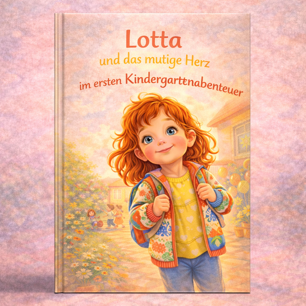 Rothaariges Mädchen mit Rucksack lächelt auf warmem Kinderbuch-Cover; Titel: Lotta und das mutige Herz
