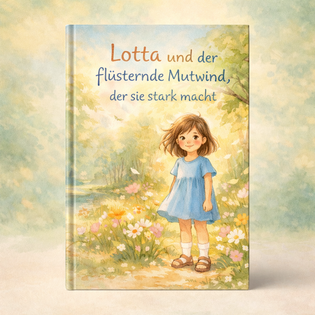 Kinderbuchcover mit einem Mädchen im blauen Kleid auf einer blühenden Wiese; Titel: Lotta und der flüsternde Mutwind.