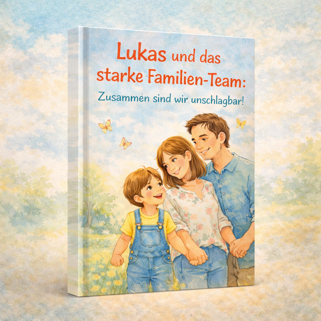 Buchcover Titel Lukas und das starke Familien-Team zeigt lächelnde Eltern mit kleinem Jungen im Blumenfeld, Schmetterlinge.